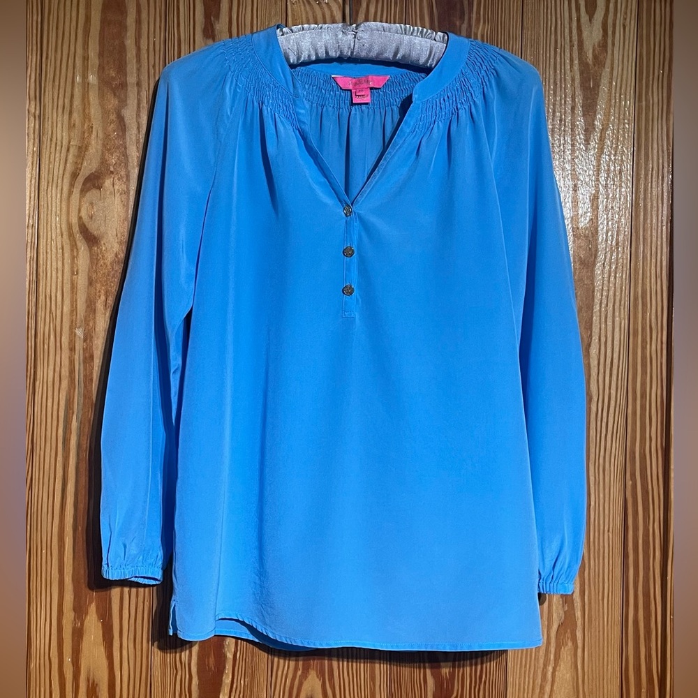 LILLY PULITZER Elsa Silk Top Caribbean Blue MSRP $178 - Picture 2 of 16